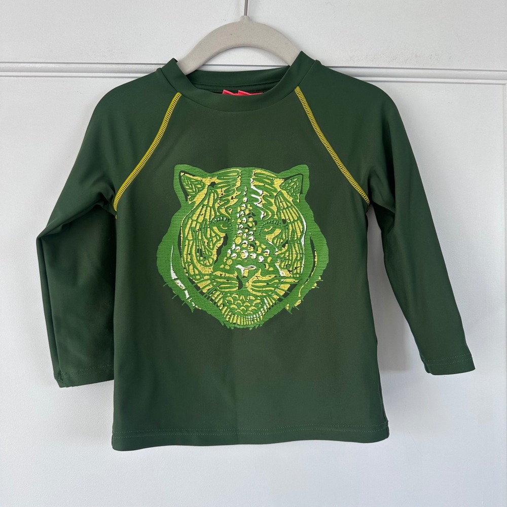 Sunuva Boys Green Tiger Graphic Long Sleeve Rash Guard Swim Shirt Size 1-2 Years